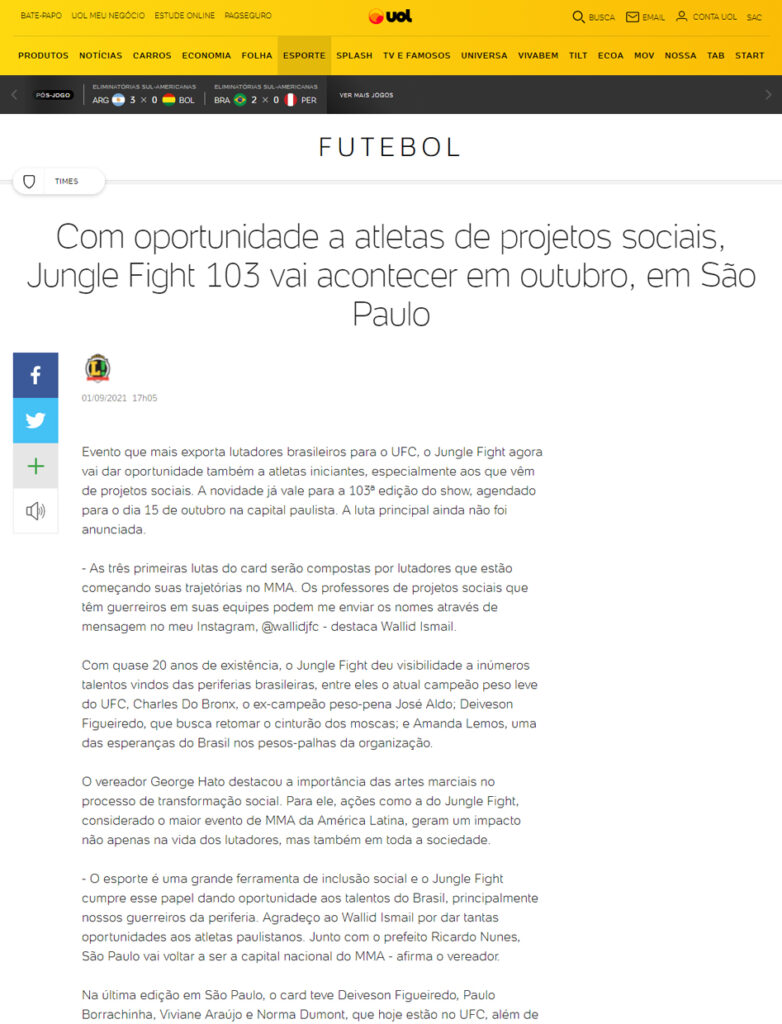 UOL – Com oportunidade a atletas de projetos sociais, Jungle Fight 103 vai  acontecer em outubro, em São Paulo – Jungle Fight